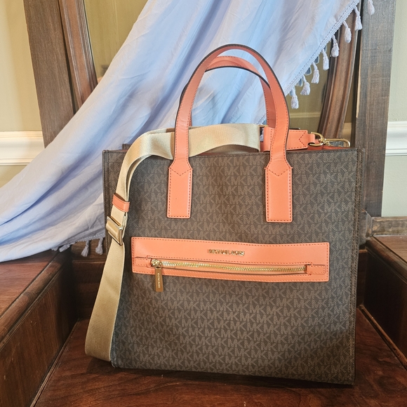 Michael Kors Logo Kenly NS Large Tote Brown and Orange MK Women's Bag